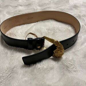 Versace Black Leather Belt with Gold Wing Motif Buckle